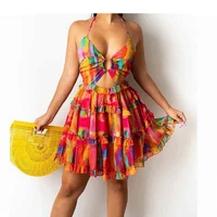 2022 high quality early autumn new ladies sexy v neck suspender chest ring halter fungus cake dress
