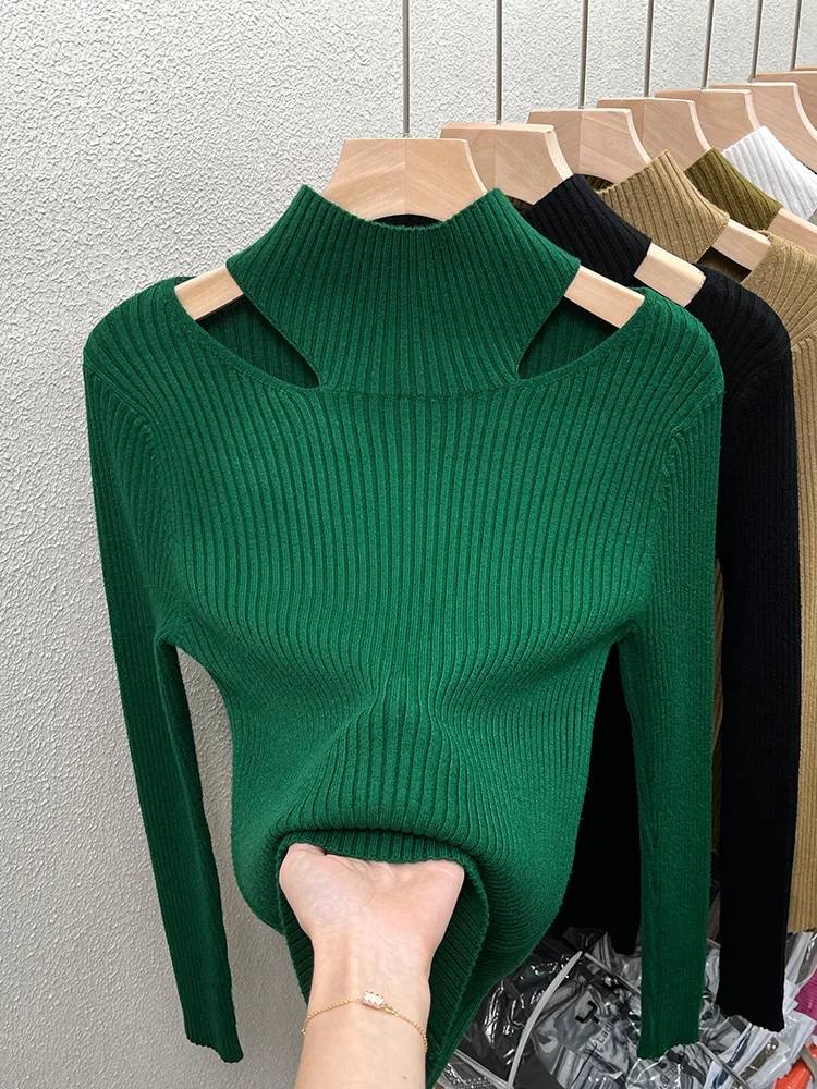 

Half Turtleneck Sweater Knitted Bottoming Shirt Women's Autumn and Winter Fashion Sexy Hollowed-out Off-the-shoulder Top