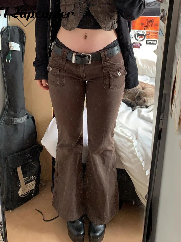 Рэпкоптер Y2K коричневые расклешенные джинсы однотонные кавайные Брюки с