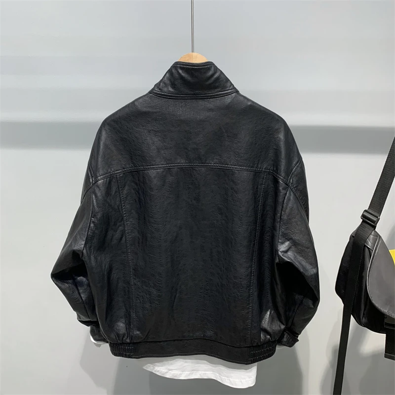 2024 осеннее мужское свободное пальто из искусственной кожи с воротником-стойкой