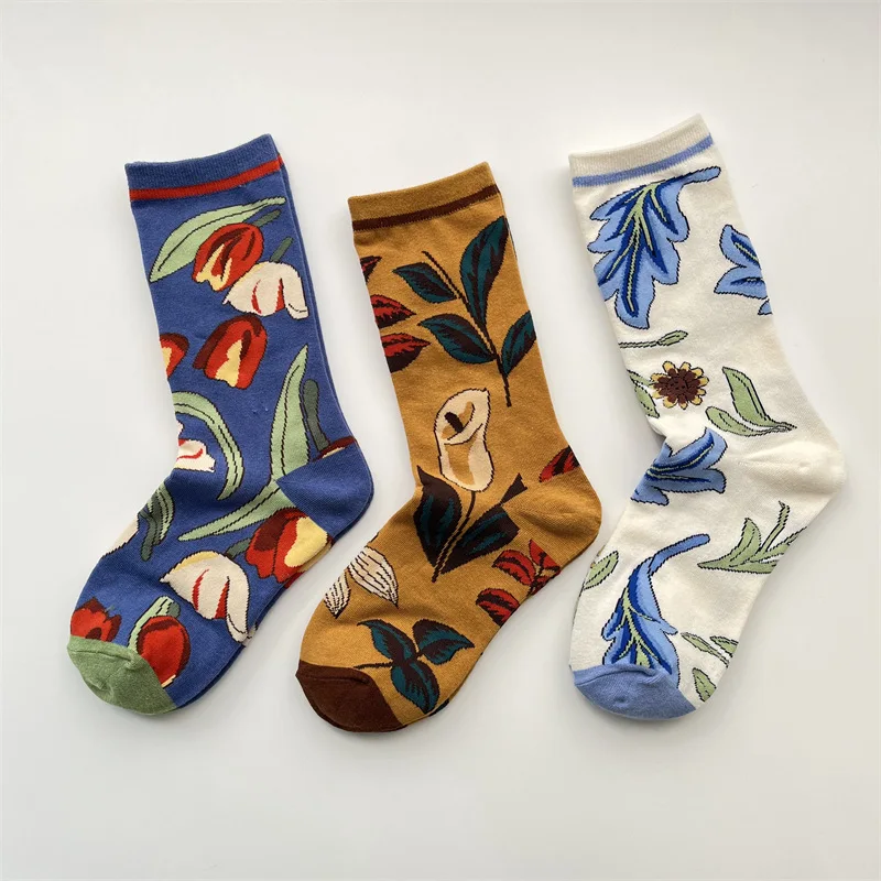 Модные женские носки с цветочным принтом зимние и весенние хлопковые защитой от
