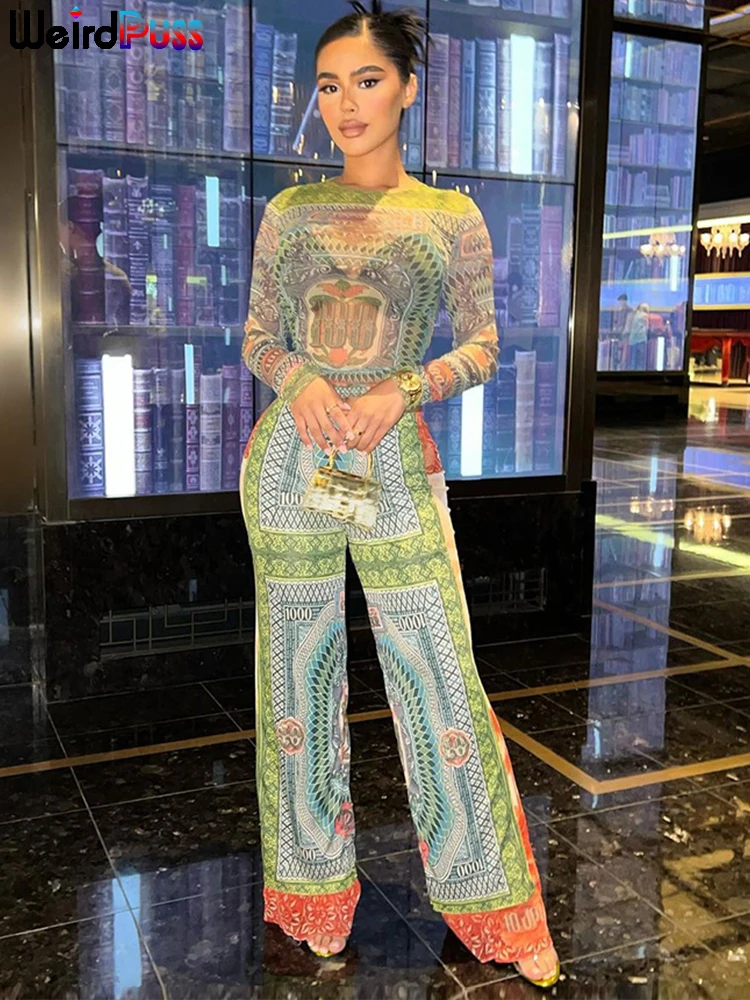 

Weird Puss Dollar Print Women 2 Piece Set Sexy See Through Skinny Crop Top+Straight Wide Leg Pants Mesh Vacation Matching Outfit