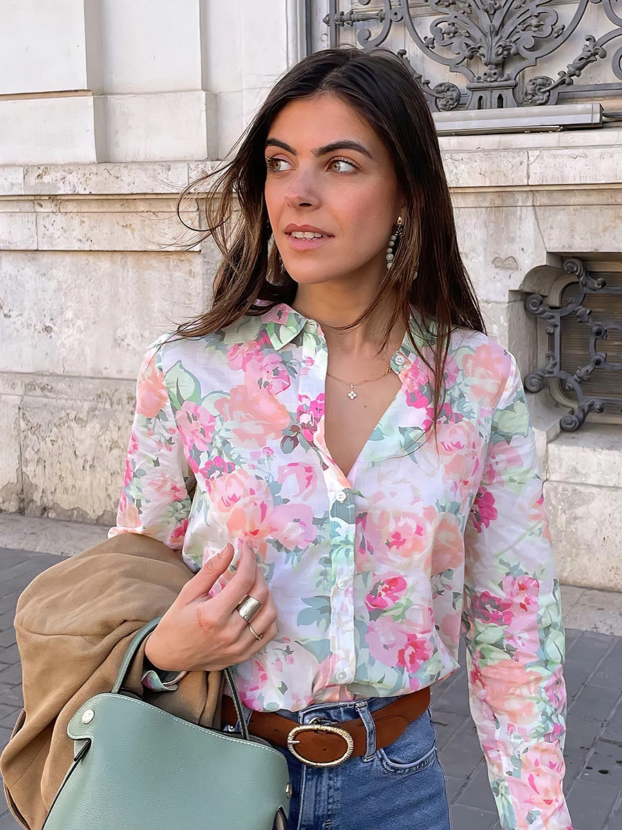 

Floral Printed Shirt Top Women Spring Autumn Long Sleeve Turn-down Collar Blouse Female Vintage Elegant Chic Chemises Hauts