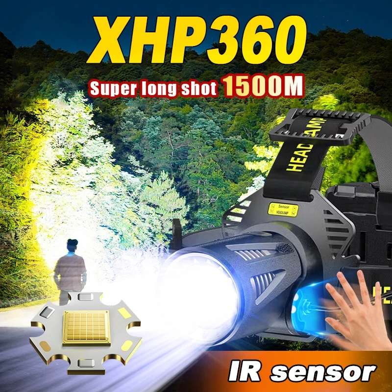 Фото Новейший сверхвысокий мощный налобный фонарь для рыбалки XHP360, USB перезаряжаемые фонари, налобный фонарь 18650, датчик фар, налобные фонарики №1