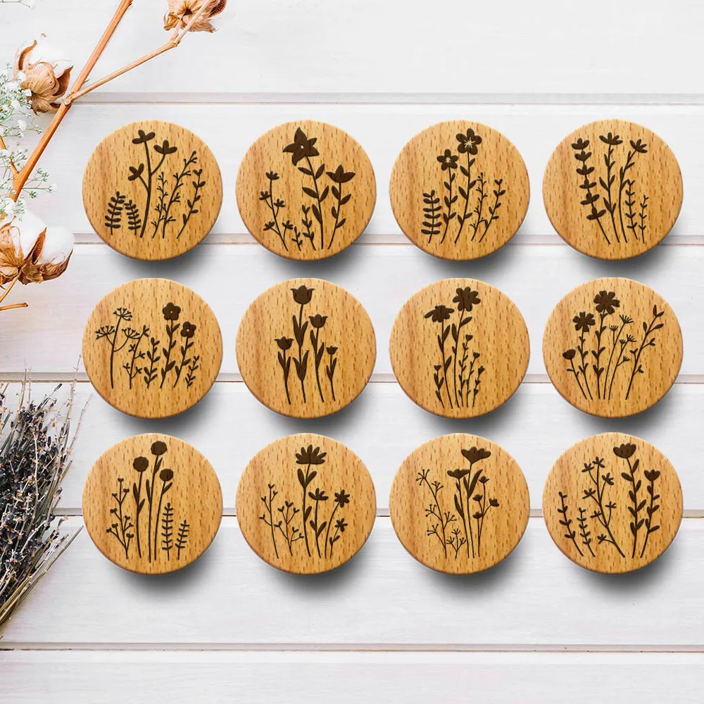 

New Engraved Flower Boho Wooden Drawer Knob Boho Nursery Cabinet Pulls Nature Wood Coat Hook Children's Room Furniture Handles