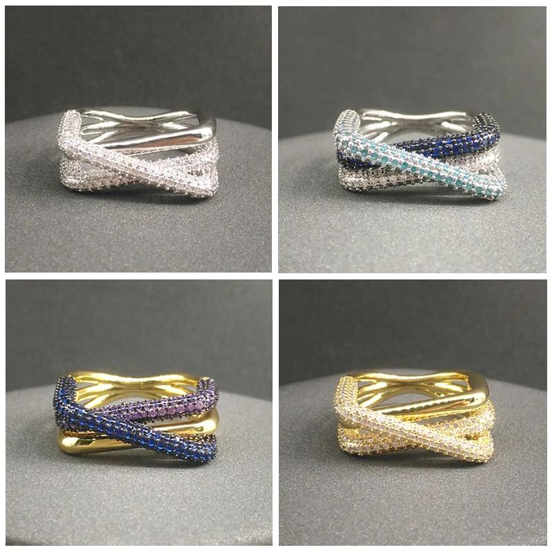 

Amoo S925 Sterling Silver Ring Blue Purple Diamond Platinum Gold Three Ring Cross Classic Women Ring Couple Luxury Party Jewelry