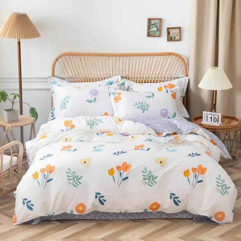 

Cotton Floral Printed Bedding Set Breathable Soft Duvet Cover With 2Pillowshams Zipper Closure Brushed Bed Cover