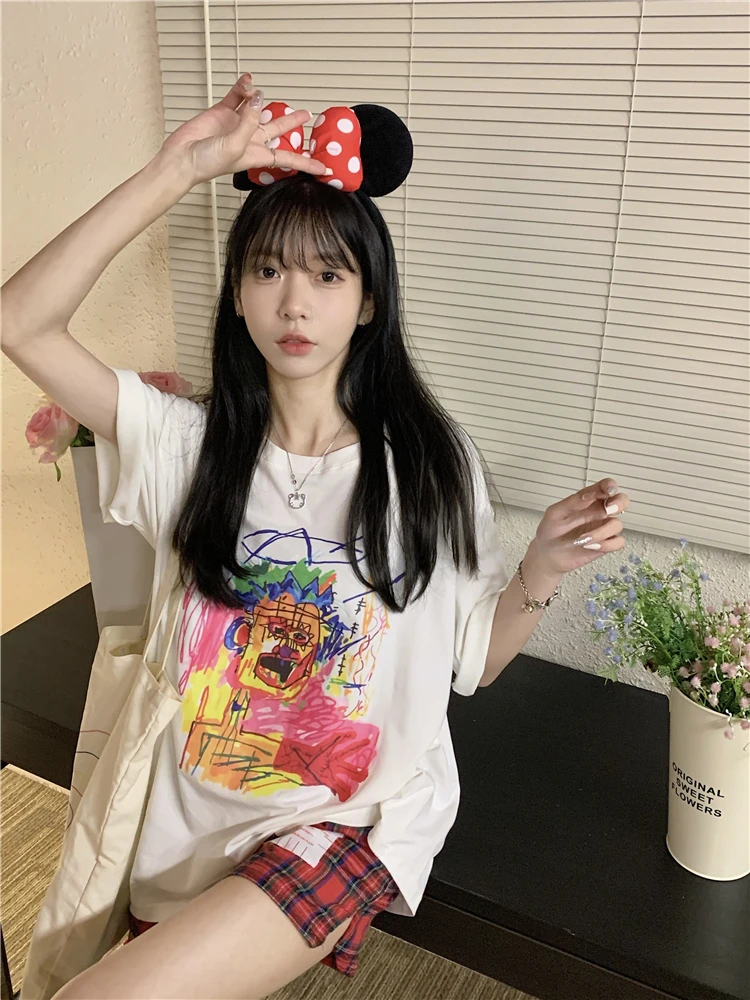 

Women's T-shirts Tops Japanese Cute Ulzzang Retro Ins Graffiti Print Loose Lazy Tshirt Female Korean Harajuku Clothes For Women