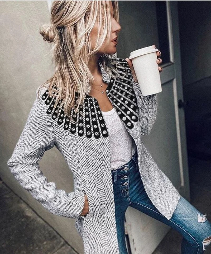 

Autumn and Winter New Woolen Coat Women Fashion Elegant Collar Plaid Dark Button Slim Long-sleeved Temperament Women's Clothing
