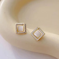 geometric square opal stud earrings for woman light luxury flash diamond pierced earrings 925 silver needle party design jewelry