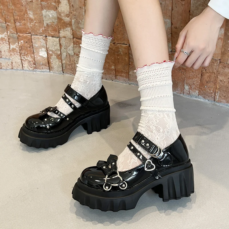 Lolita Shoes Platform Women's Shoes on Heels Women 2023 Loli Thick Heel Women Shoes Kawaii Cute Cosplay Mary Janes heart buckle