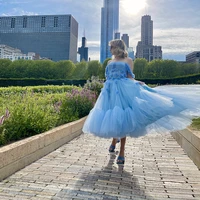 charming sky blue tulle prom dress latest off the shoulder flower a line tea length party dress princess gown vestidos de gala