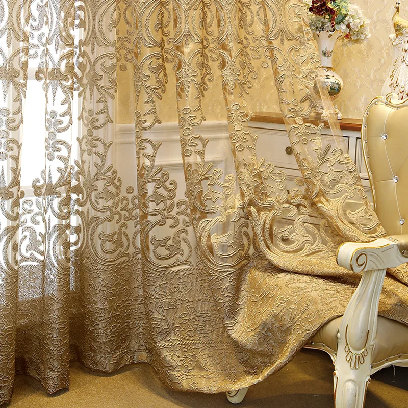 

Luxury Embroidered Tulle Curtains for Living Room Hollow Out Gold Floral Translucent Fabric French Window Treatment Drape zh431C