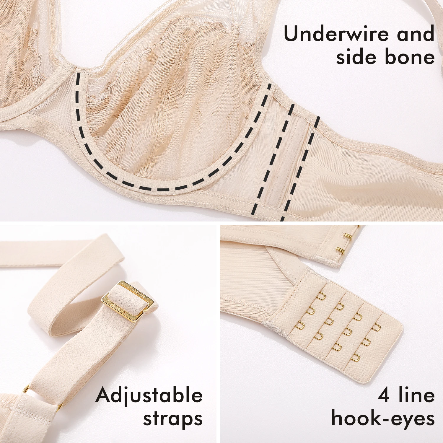 Women's Minimizer Bra Sexy Floral Lace Plus Size Underwire Unlined Full Coverage See Through Transparent