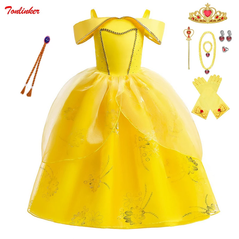 

Косплей-костюм Белль для девочек на Хэллоуин, вечернее платье, детское маскарадное платье для карнавала, желтое кружевное платье принцессы ...