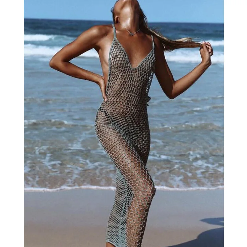 

Sexy Sheer Net Mesh Knitted Maxi Dresses for Women Summer 2020 Sexy Blusas Mujer De Moda 2020 Verano Bikini Cover Up Women Robe