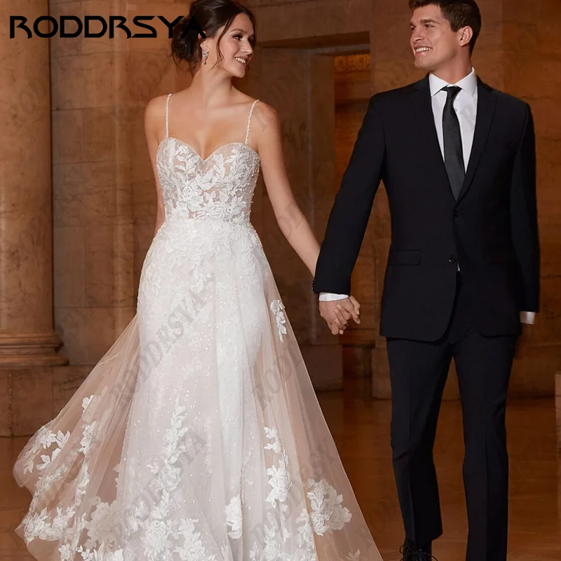 

RODDRSYA Spaghetti Straps Sweetheart Mermaid Wedding Dress For Women Applique Backless Bridal Gown Sleeveless Vestido De Noiva