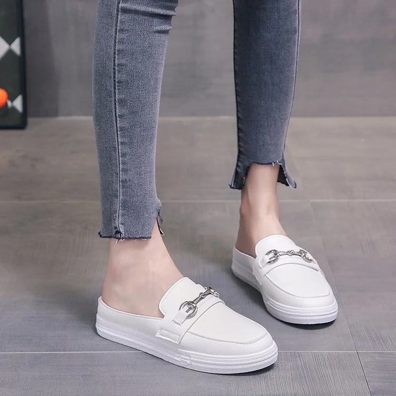 Mules Slippers Women Summer Little White Half Slippers Women 's New Net Versatile Student Flat Bottom Breathable Cool Slippers