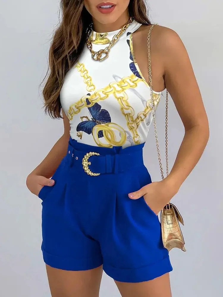 

Sleeveless O-Neck Tank Top & Pocket Design Shorts Set with Belt