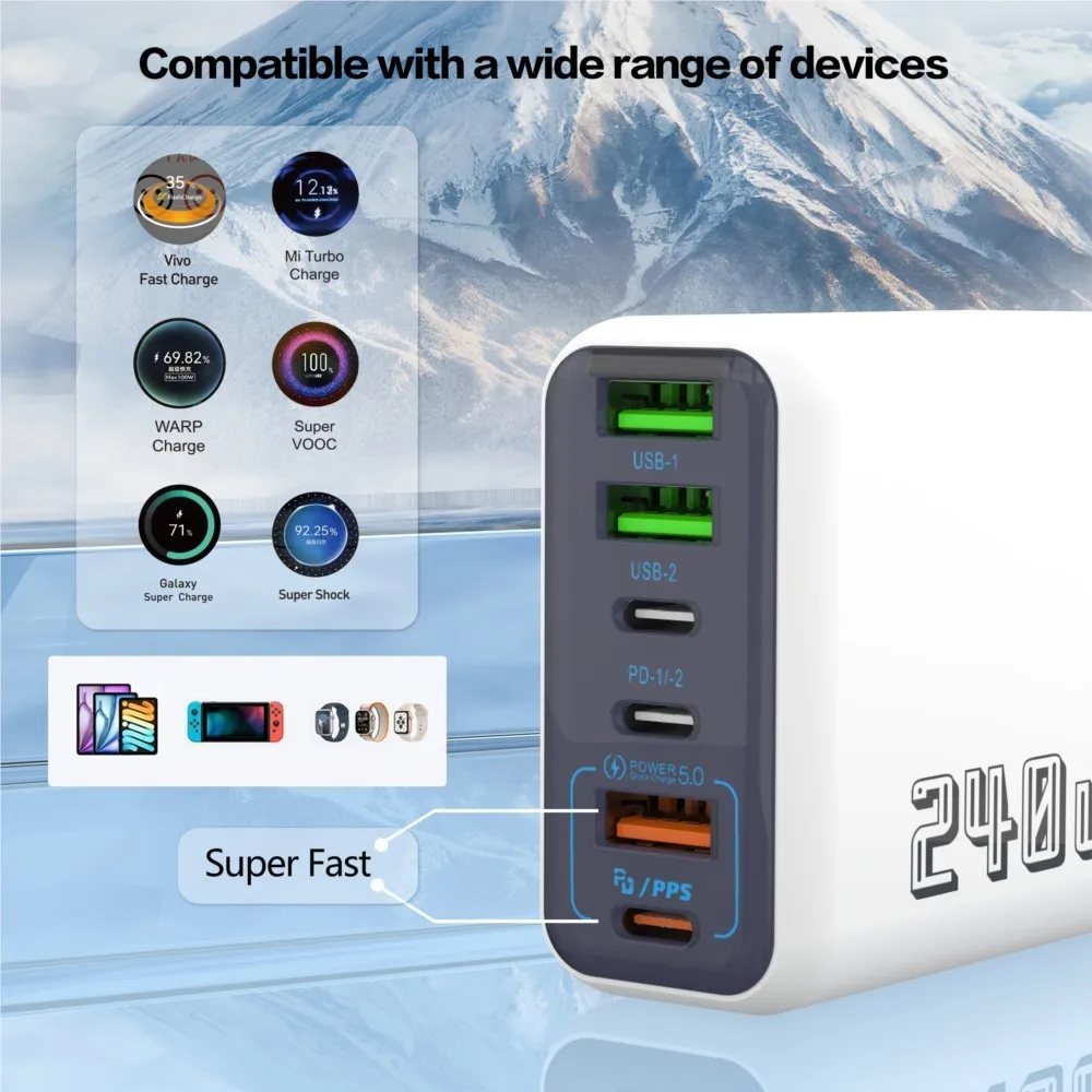 6-портовое зарядное устройство USB Type-C с быстрой зарядкой 240 Вт, PD 3.0, адаптер для путешествий, зарядка для iPhone и Samsung, поддержка стандартов US и EU. (art.: 3920d8a2d702c) - 3920d8a2d702c