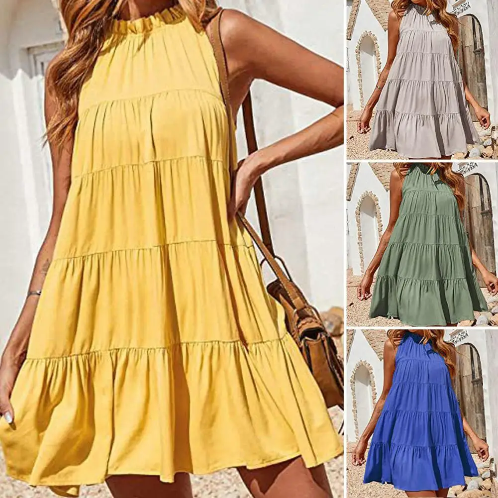 

Women Summer Dress Halter Loose Irregular Beach Dresses for women 2022 Solid Color Sleeveless Stitching Pleated Hem Dress robe