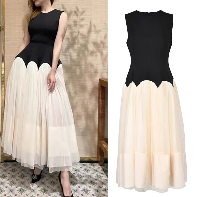 

Colorblock Dresses For Women 2023 French Round Neck Sleeveless High Waist Patchwork Fashion Style Dress Female Trendy Plus Size