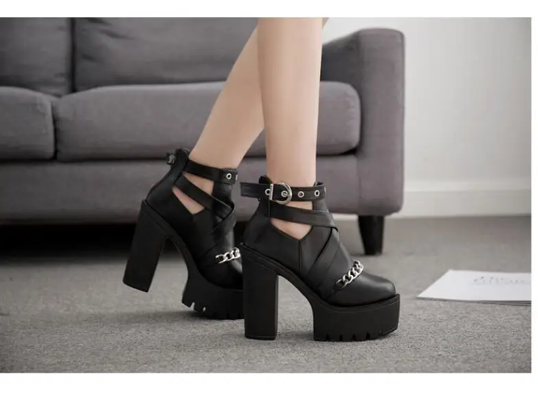 2023 sexy High heels Fashion Ankle Boots For Women High Heels Casual Cut-outs Buckle Round Toe Chain Thick Heels Platform Shoes