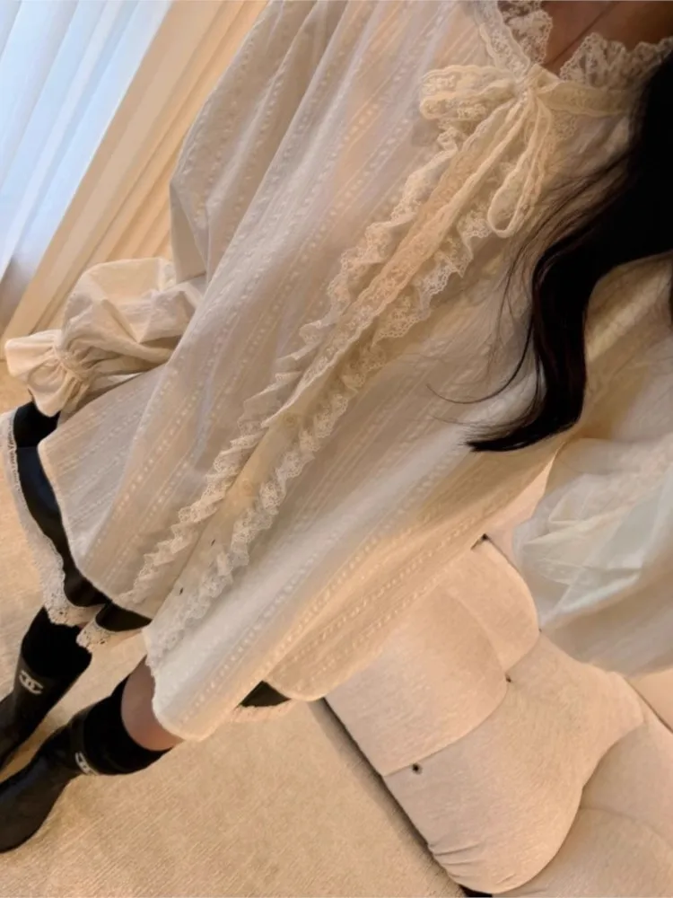 Милая кружевная рубашка для женщин корейская повседневная свободная