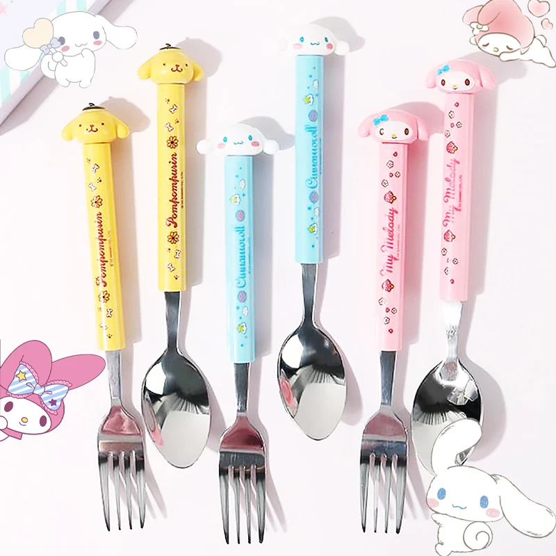 

Милая ложка Miniso Sanrioed Melody Cinnamoroll Pom Purin Ложка Вилка Мультяшные столовые приборы из нержавеющей стали портативная посуда подарок для детей