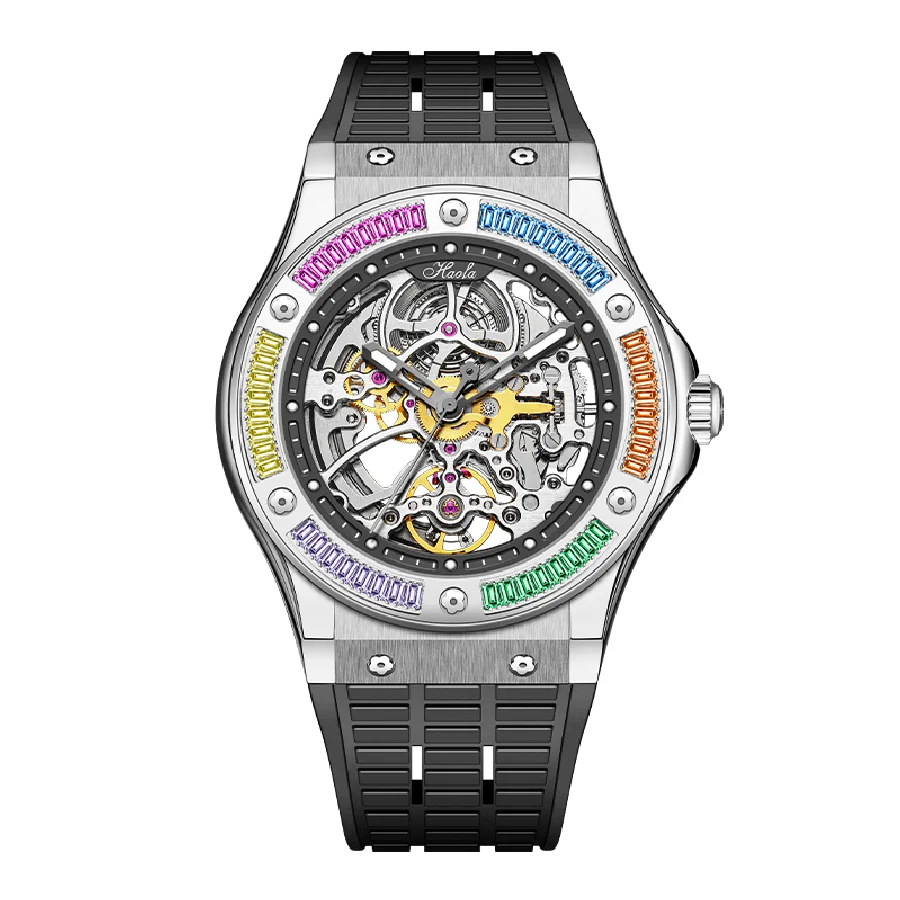 

HAOFA Automatic Sapphire Mechanical Mens Watch Luxury Skeleton Self Wind Watches For Men Rhinestone Case 2022 Waterproof 1913S
