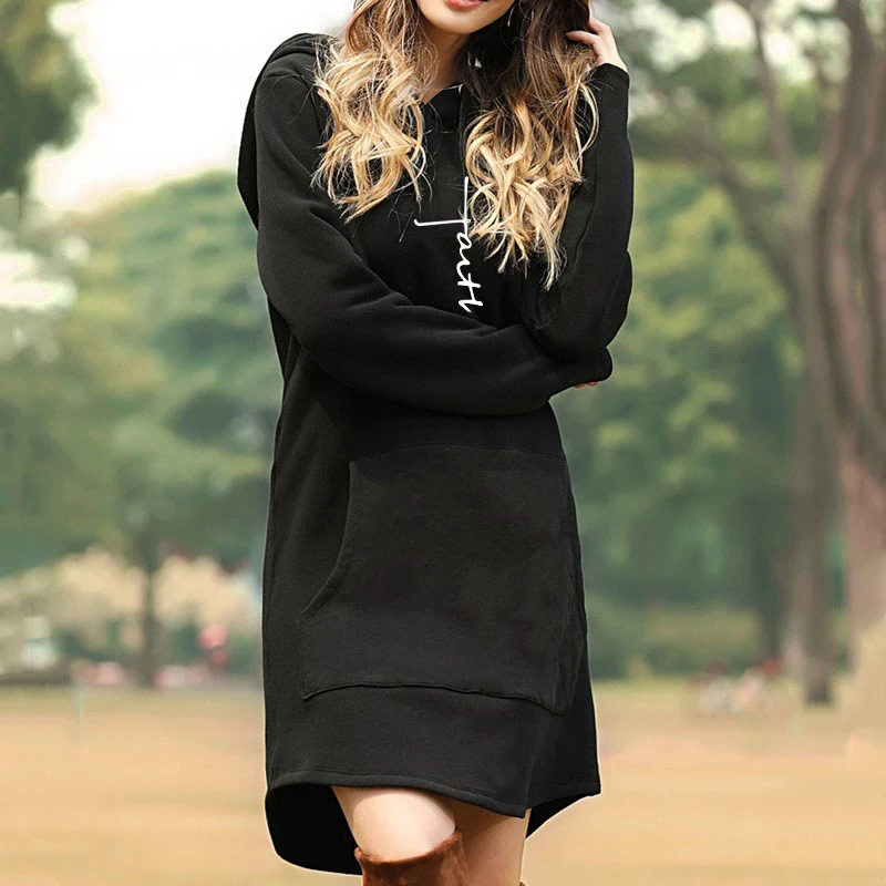 

Fashion Womens Dresses Autumn Winter Long Sleeve Hooded Tops Faith Printed Casual Ladies Hoodie Dress Outdoor Fleece Warm Skirts