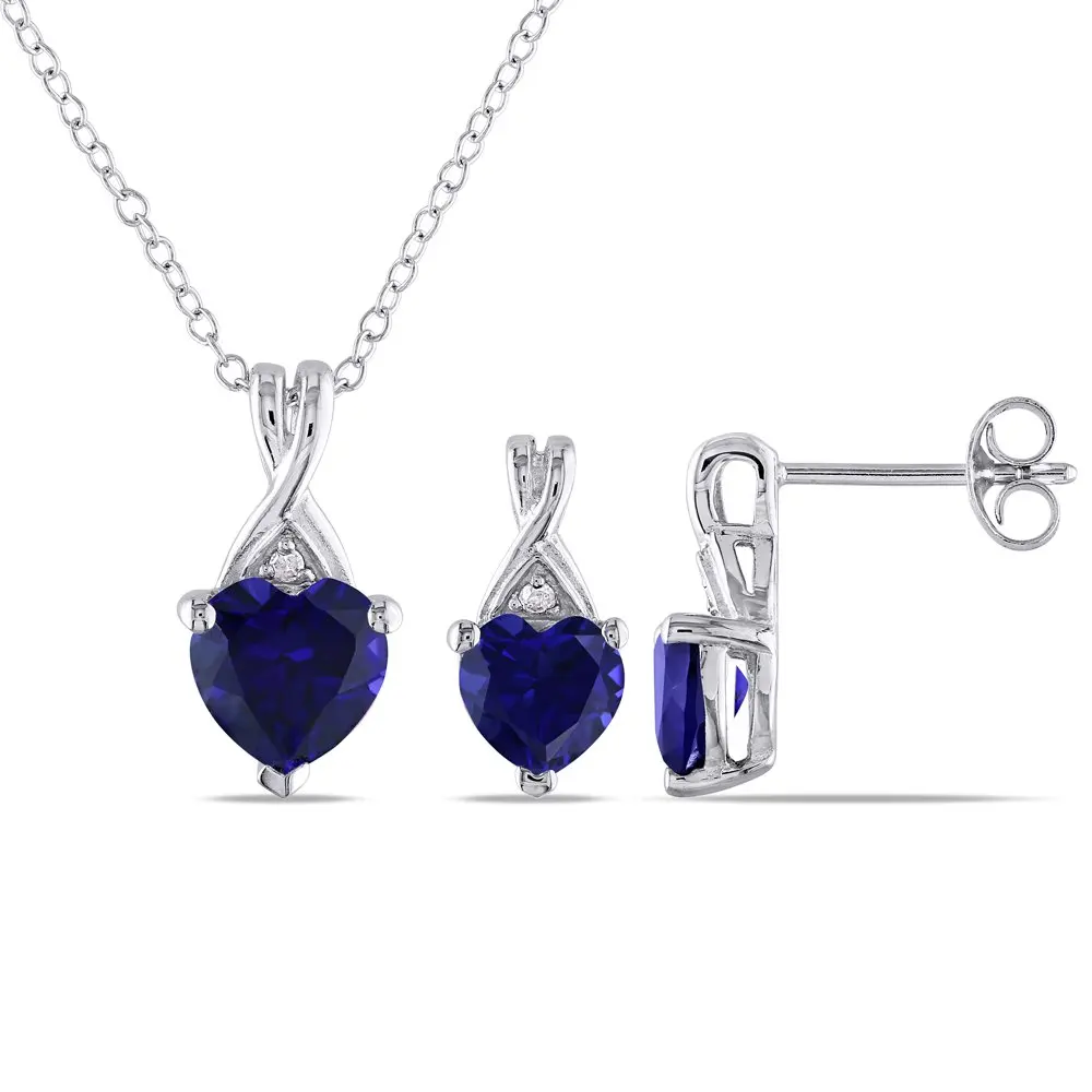 

3-3/4 Carat T.G.W. Created Blue Sapphire and Diamond-Accent Sterling Silver Set of Pendant and Earrings