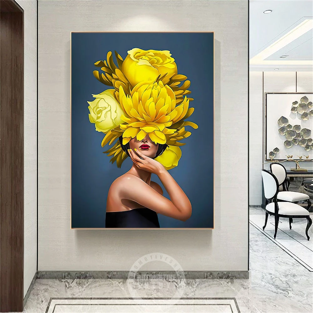 

Woman With Yellow Flower Head Portrait Poster Abstract Head Floral Print Canvas Painting Wall Art Picture Living Room Home Decor