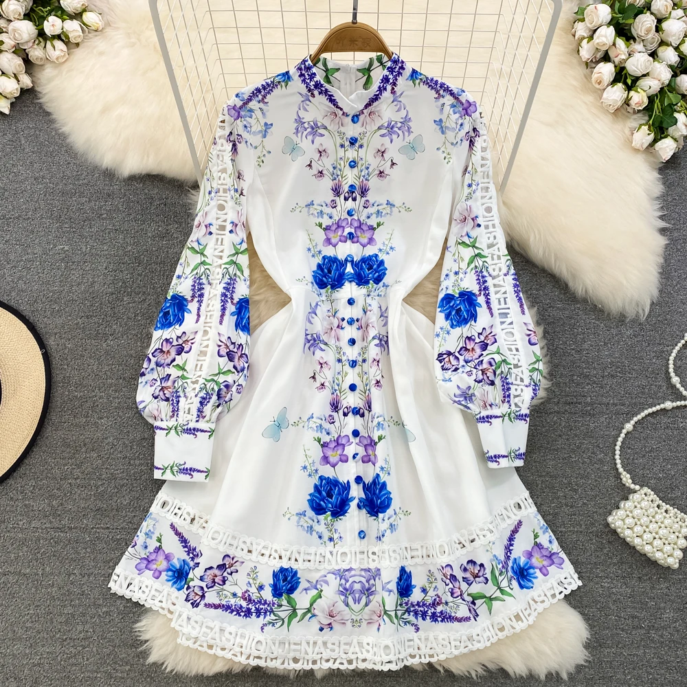 

Женское винтажное платье-трапеция, праздничное ажурное платье с длинным рукавом-фонариком, цветочным принтом и полувысоким воротником, весна-осень