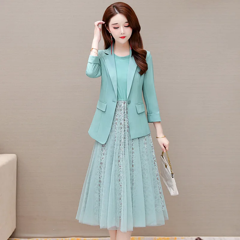 Spring Autumn Suit Jacket Dress Two Piece Women Elegant Mesh Skirt Blazers Coat Set Korean Fashion Professional Wear To Work