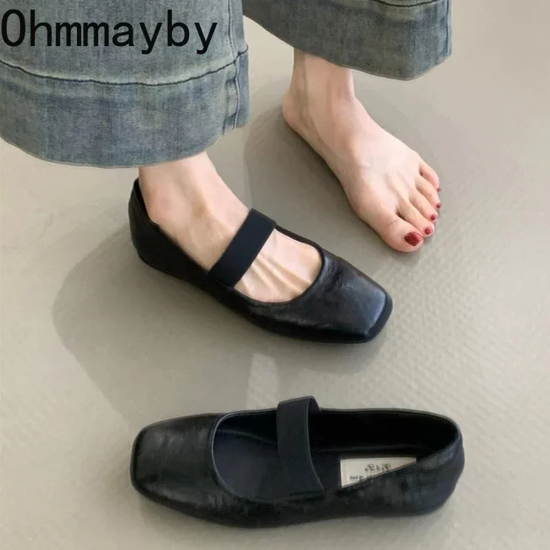 Женские балетки с квадратным носком модные на мелкой резинке весенне-осенние