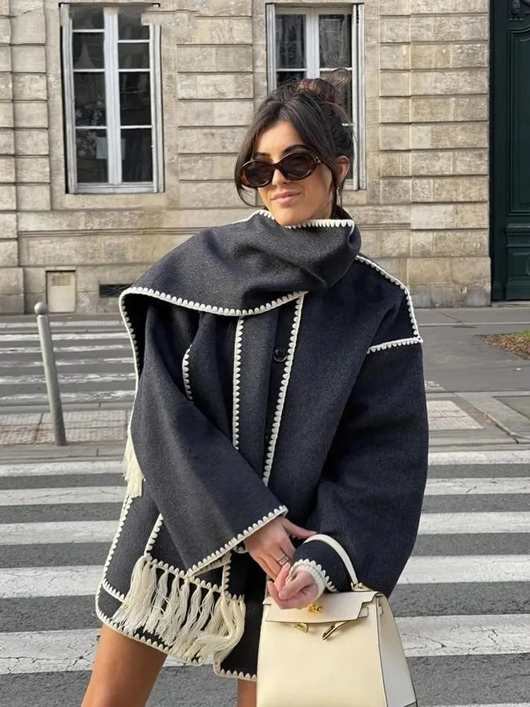 

Women Splice Cashmere Coat With Scarf Chic Long Sleeve Solid Quilted Thick Jacket Loose 2023 Autumn Winter Warm Streetwear
