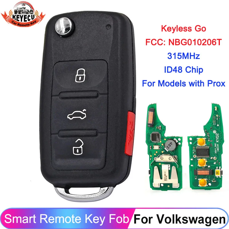 

3+1 / 4 Button Keyless Go Remote Key NBG010206T For Volkswagen 2011-2017 (Models With Prox) P/N: 5K0 837 202 AK 315MHz ID48 Chip