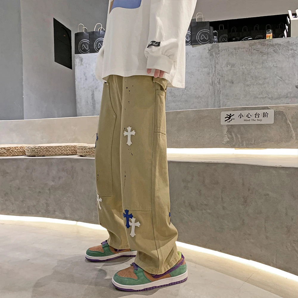 European and American Hip-hop Neutral Wide-leg Denim Trousers Loose Straight Crossover Overalls Men's Jeans Pants Casual Loose