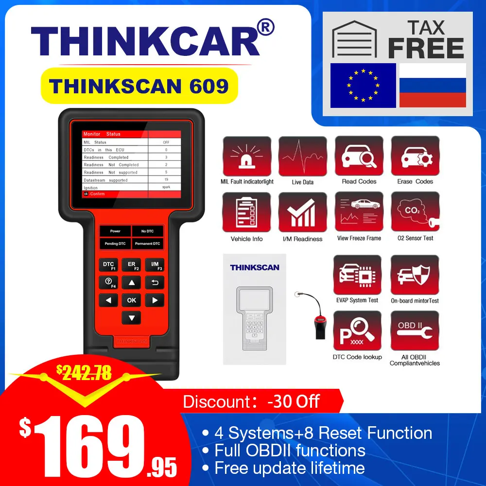 

THINKCAR TS609 OBD2 Scanner ECM TCM ABS SRS System Diagnostic tool with Oil Brake TPMS SAS ETS Injec BMS DPF Reset free update