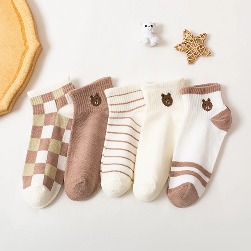 

5 Pairs/Lot Cute Harajuku Bear Women Short Socks Set Spring Autumn Plaid Boat Socks student Low Cut Sock