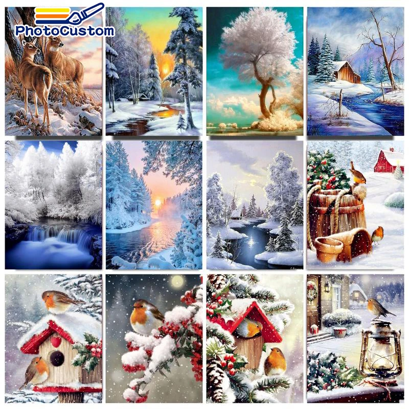 

PhotoCustom 60x75cm Diy Painting By Numbers Winter Landscape HandPainted Gift Pictures Scenery For Adults Kit Home Decoration Gi