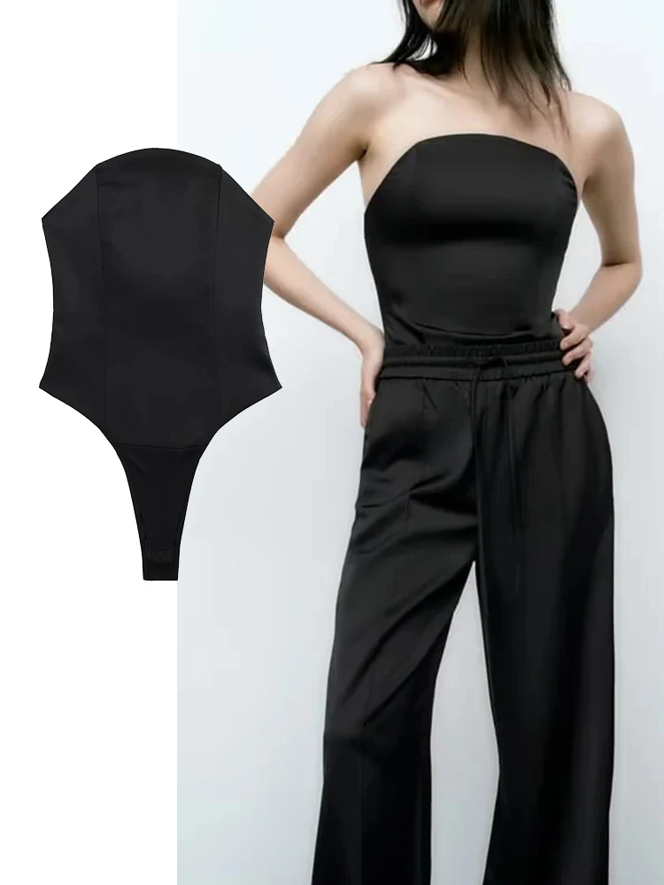 

TRAF Woman Bodysuits Fashion Satin High Street Sexy Vintage Sleeveless Slim Black Lady Playsuits Top