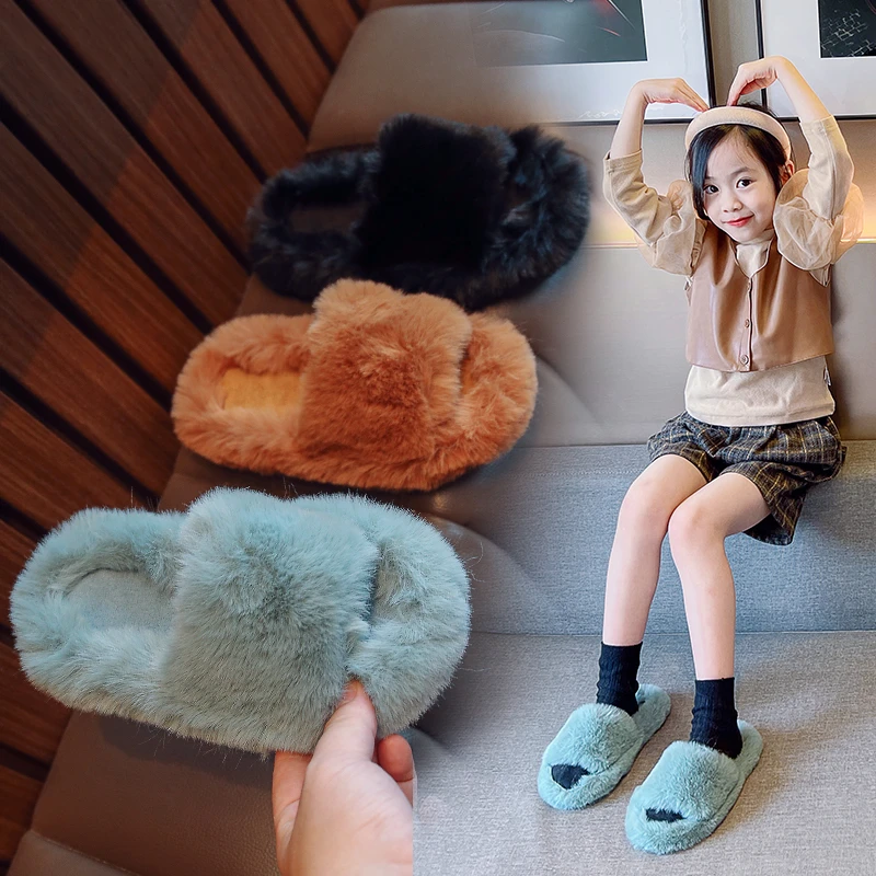 Free Shipping Princesses Cotton Slippers Fur Integration Plush Warm Sandals Big Girls Shoes Child Autumn Winter Sandals Kid Shoe