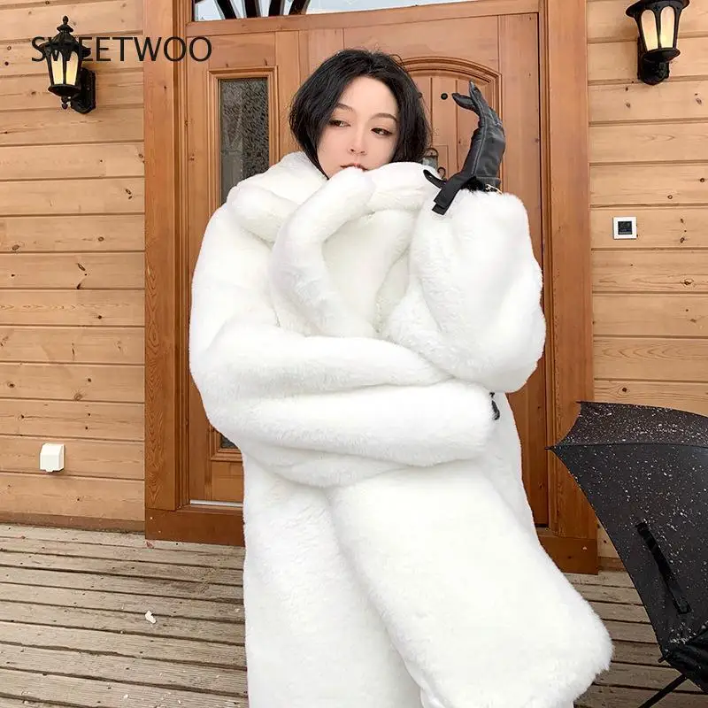 Winter White Oversized Warm Faux Fur Jacket Women Shawl Collar Raglan Long Sleeve Fluffy Coat Korean Fashion Clothing Slim Tide