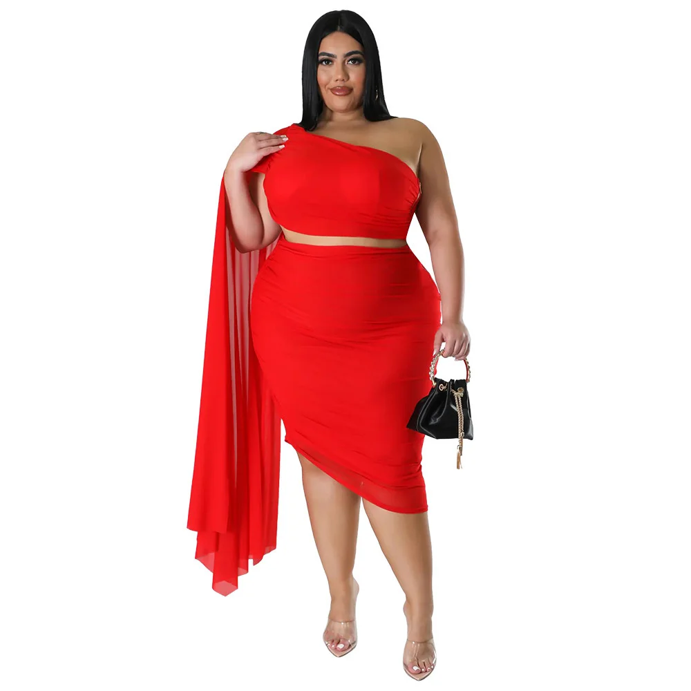 Plus Size Two-piece Sets Fashion Female High Elasticity Diagonal Collar Pleated Short Top And Skirt Outfits Casual Solid Color