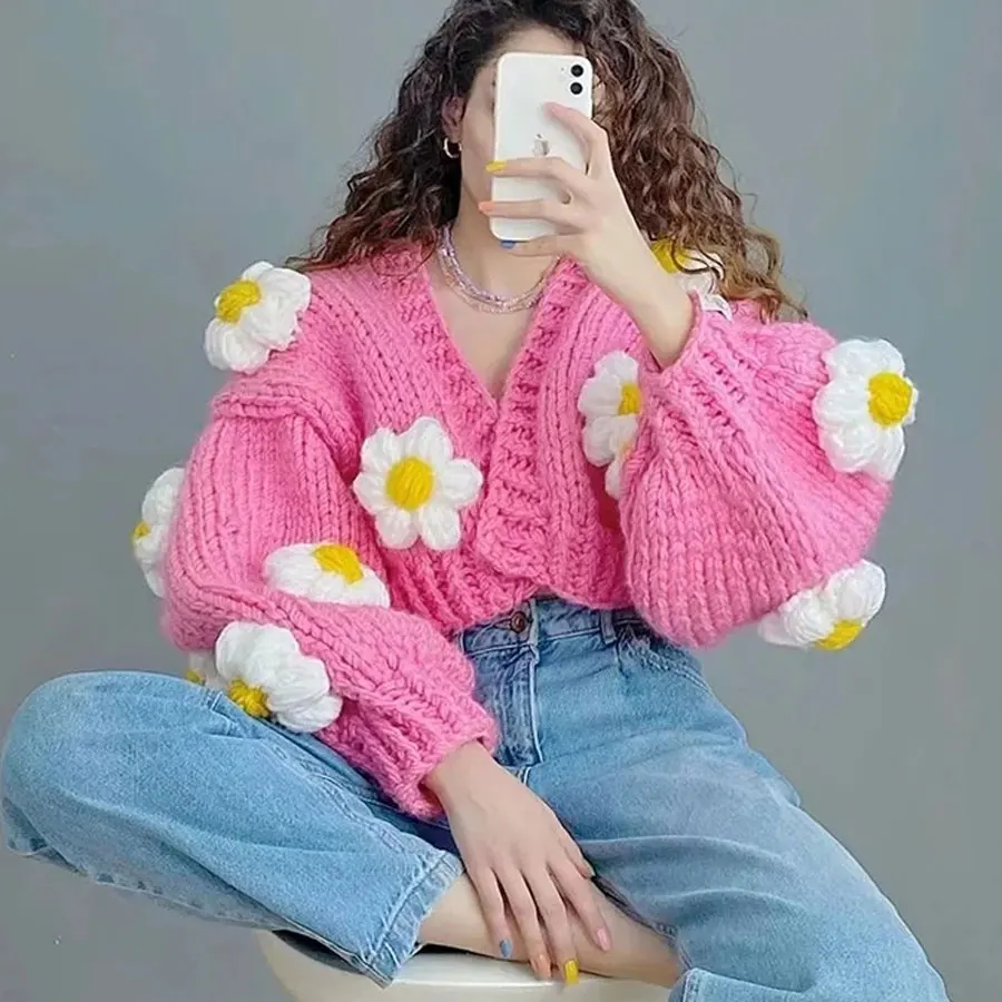 

Cardigan Women Sweater Handmade Flower Sweater Cardigan Women Jumper Knitting Coats Outerwear 2022