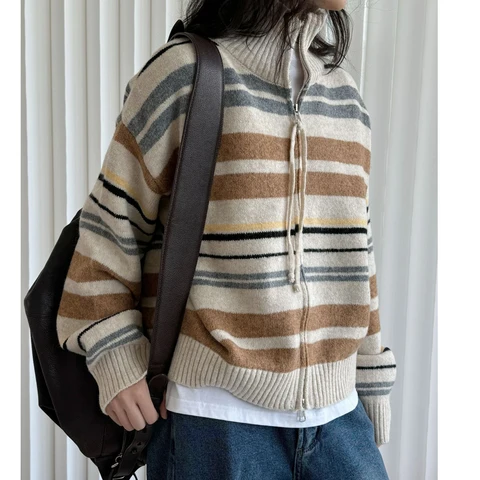 2024, женский полосатый вязаный свитер с воротником-стойкой, кашемировые кардиганы с длинными рукавами, одежда, топы для женщин, свитер Pull Femme