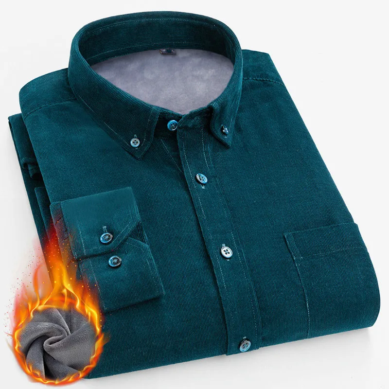 Winter Wear Men Corduroy Shirt Plus Size Velvet Thick Fluffy Warm Casual Shirt Male Cotton Long Sleeve Boys Dark Green Shirt