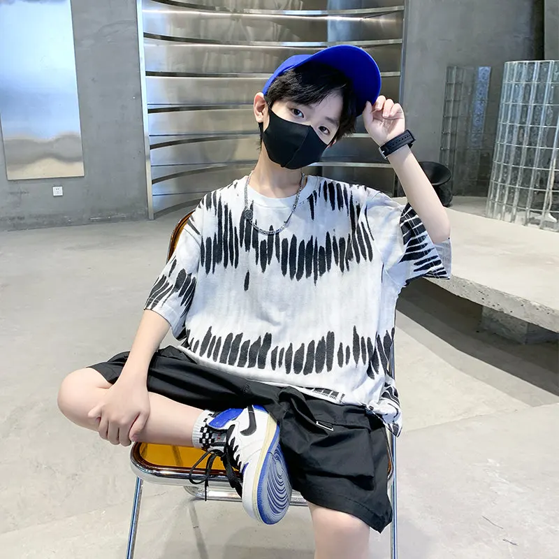 New Boys Short Sleeve Tie-Dye Tshirt+Shorts Summer Sports Suit for Kids Sets Children's Fashion Two Piece Clothes 6 8 12 14 Ages